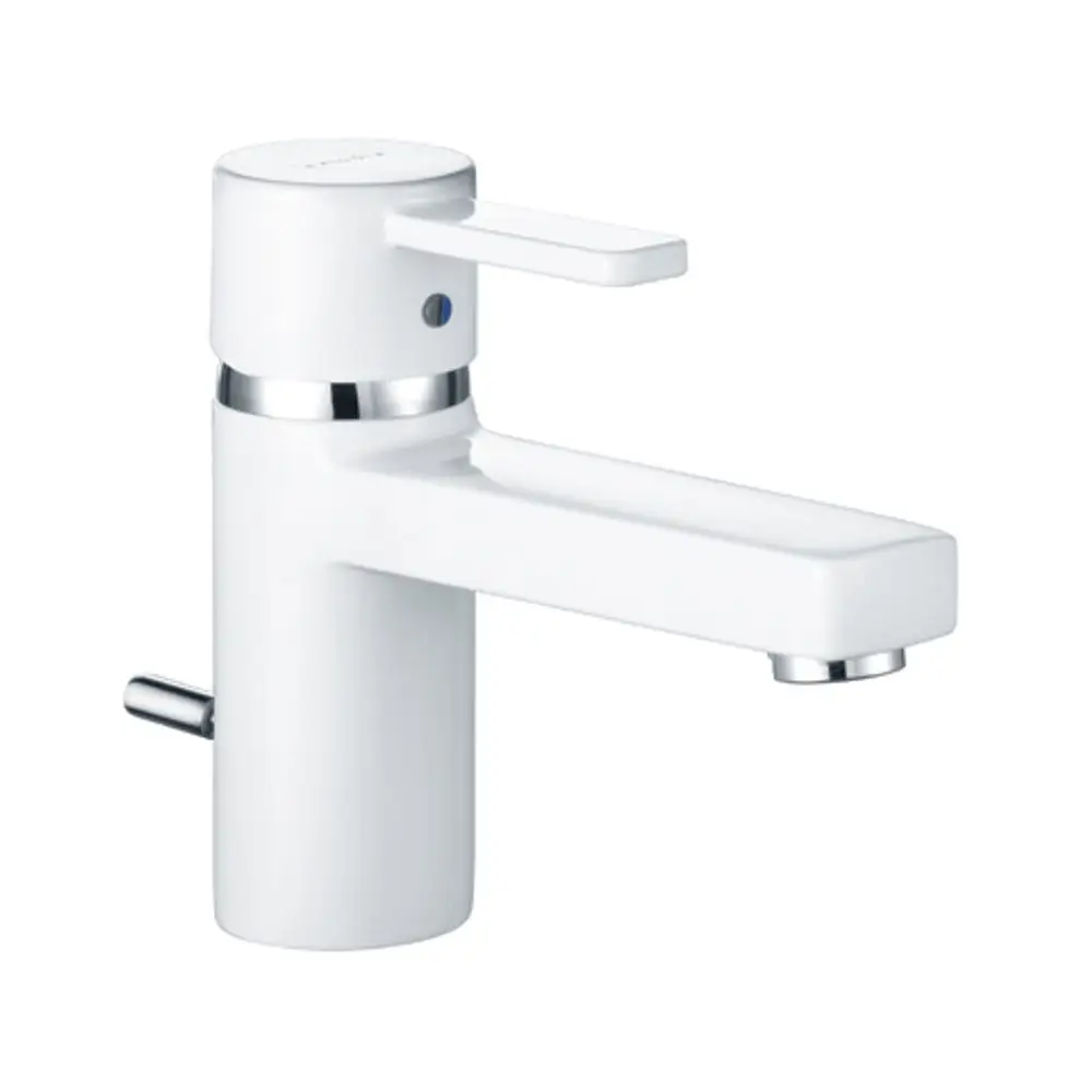 Weißer Wasserhahn der Marke Kludi mit chromfarbenen Akzenten und einem einfachen Hebel zur Steuerung des Wasserflusses. Minimalistisches Design für Badezimmeranwendungen.